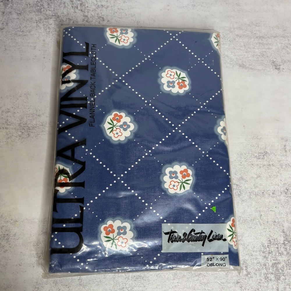 VTG Town & Country Linen Vinyl Tablecloth 52x90 Oblong Flannel Back Blue Floral